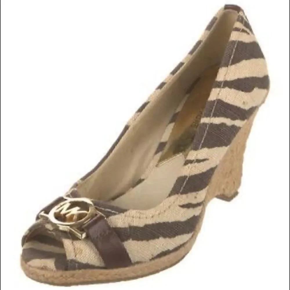 Michael Kors Safari Zebra Print Open Peep Toe Wedges Size 8.5